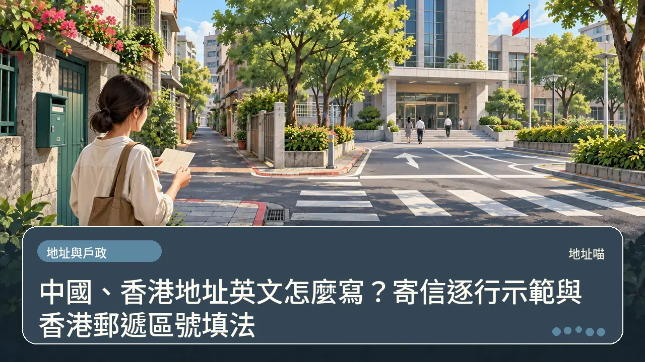 中國、香港地址英文怎麼寫？寄信逐行示範與香港郵遞區號填法主題插畫