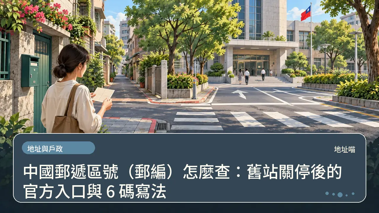 中國郵遞區號（郵編）怎麼查：舊站關停後的官方入口與 6 碼寫法主題插畫