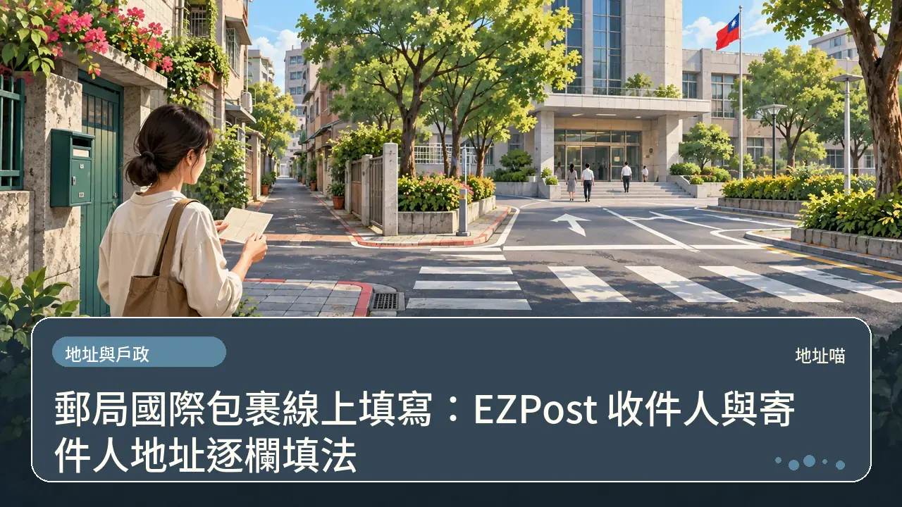郵局國際包裹線上填寫：EZPost 收件人與寄件人地址逐欄填法主題插畫