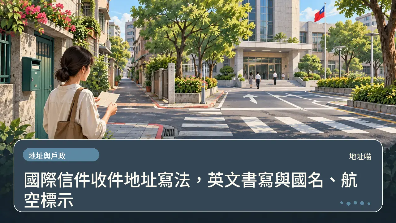 國際信件收件地址寫法，英文書寫與國名、航空標示主題插畫