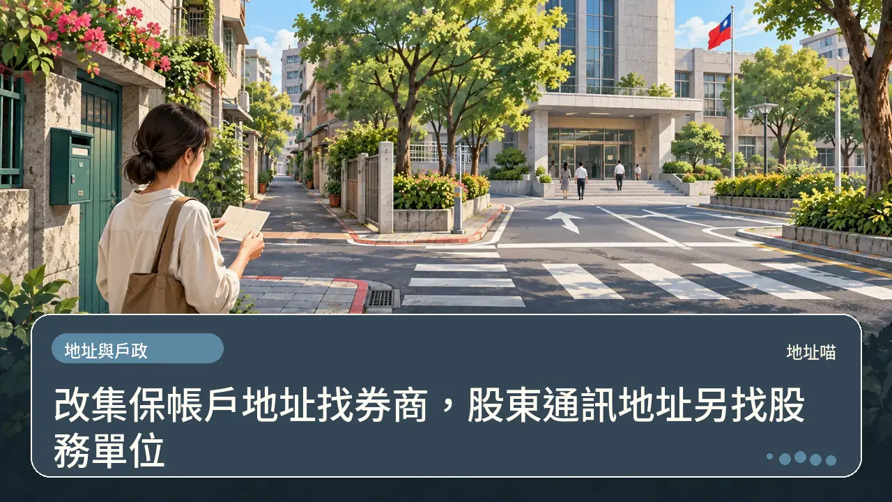 改集保帳戶地址找券商，股東通訊地址另找股務單位主題插畫