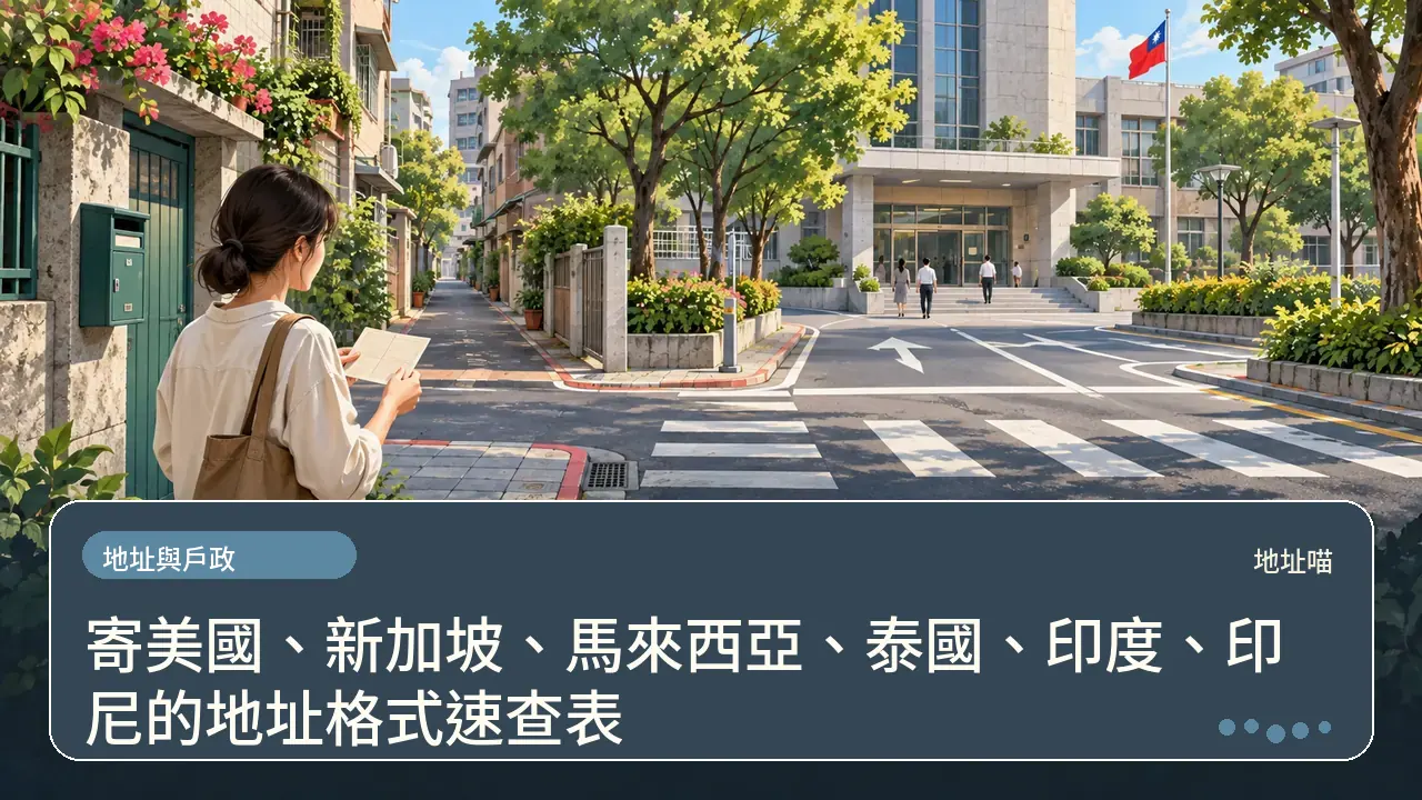 寄美國、新加坡、馬來西亞、泰國、印度、印尼的地址格式速查表主題插畫