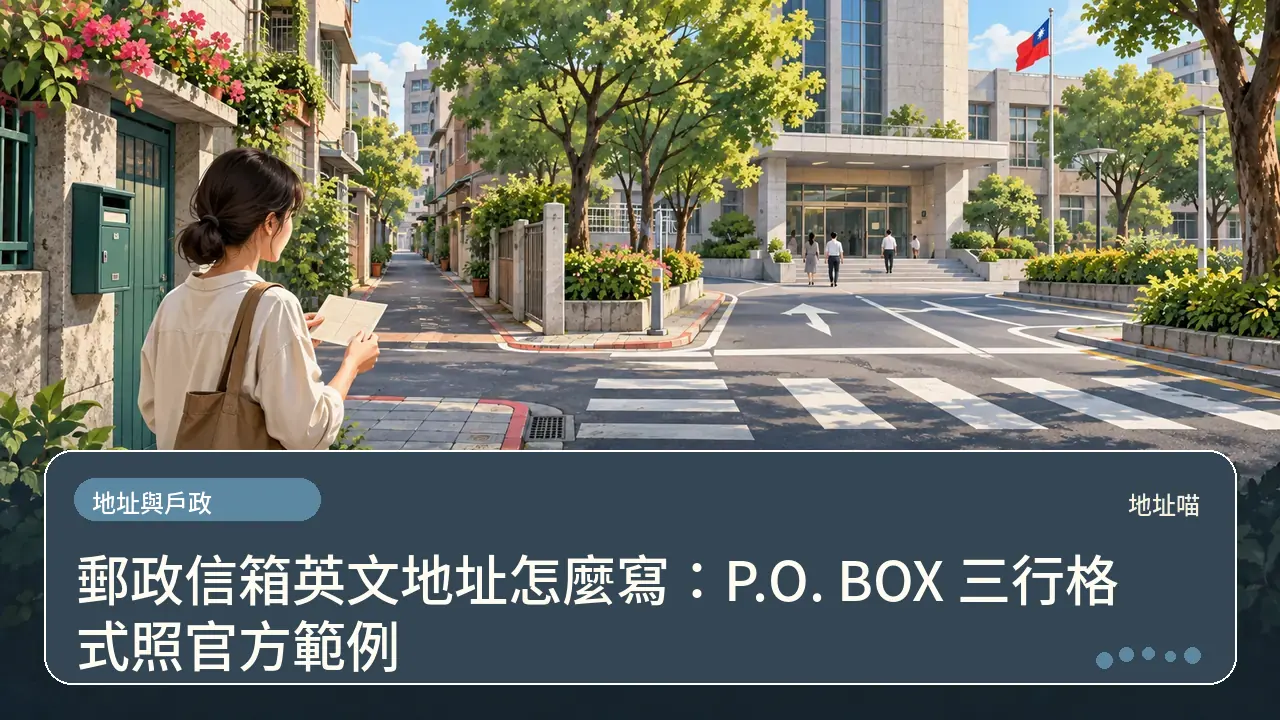 郵政信箱英文地址怎麼寫：P.O. BOX 三行格式照官方範例主題插畫