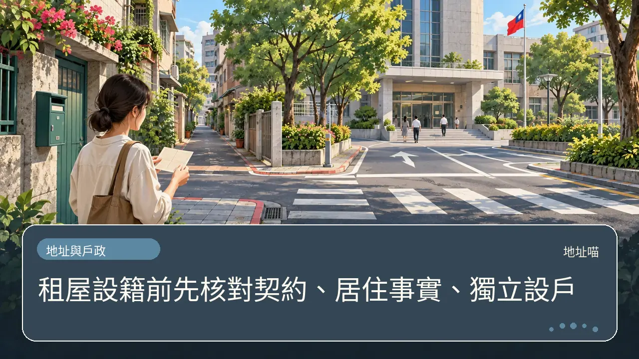 租屋設籍前先核對契約、居住事實、獨立設戶主題插畫