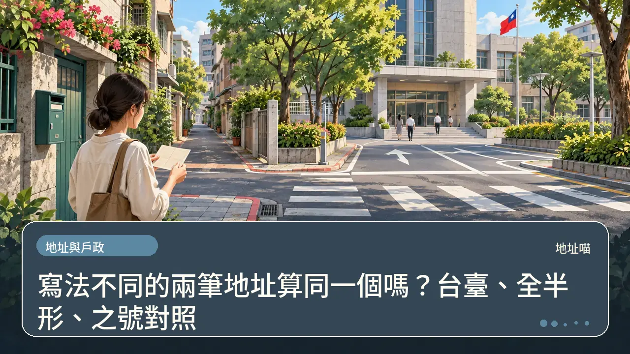 寫法不同的兩筆地址算同一個嗎?台臺、全半形、之號對照主題插畫