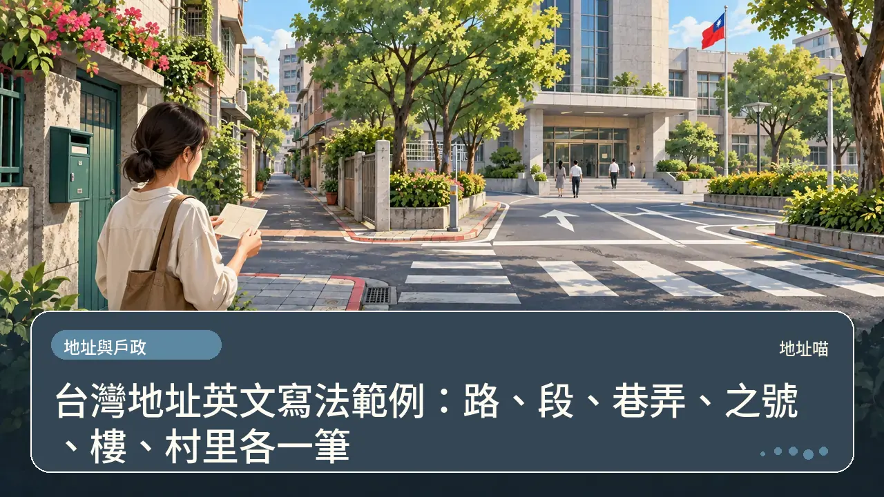台灣地址英文寫法範例：路、段、巷弄、之號、樓、村里各一筆主題插畫