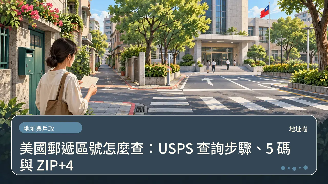 美國郵遞區號怎麼查:USPS 查詢步驟、5 碼與 ZIP+4主題插畫
